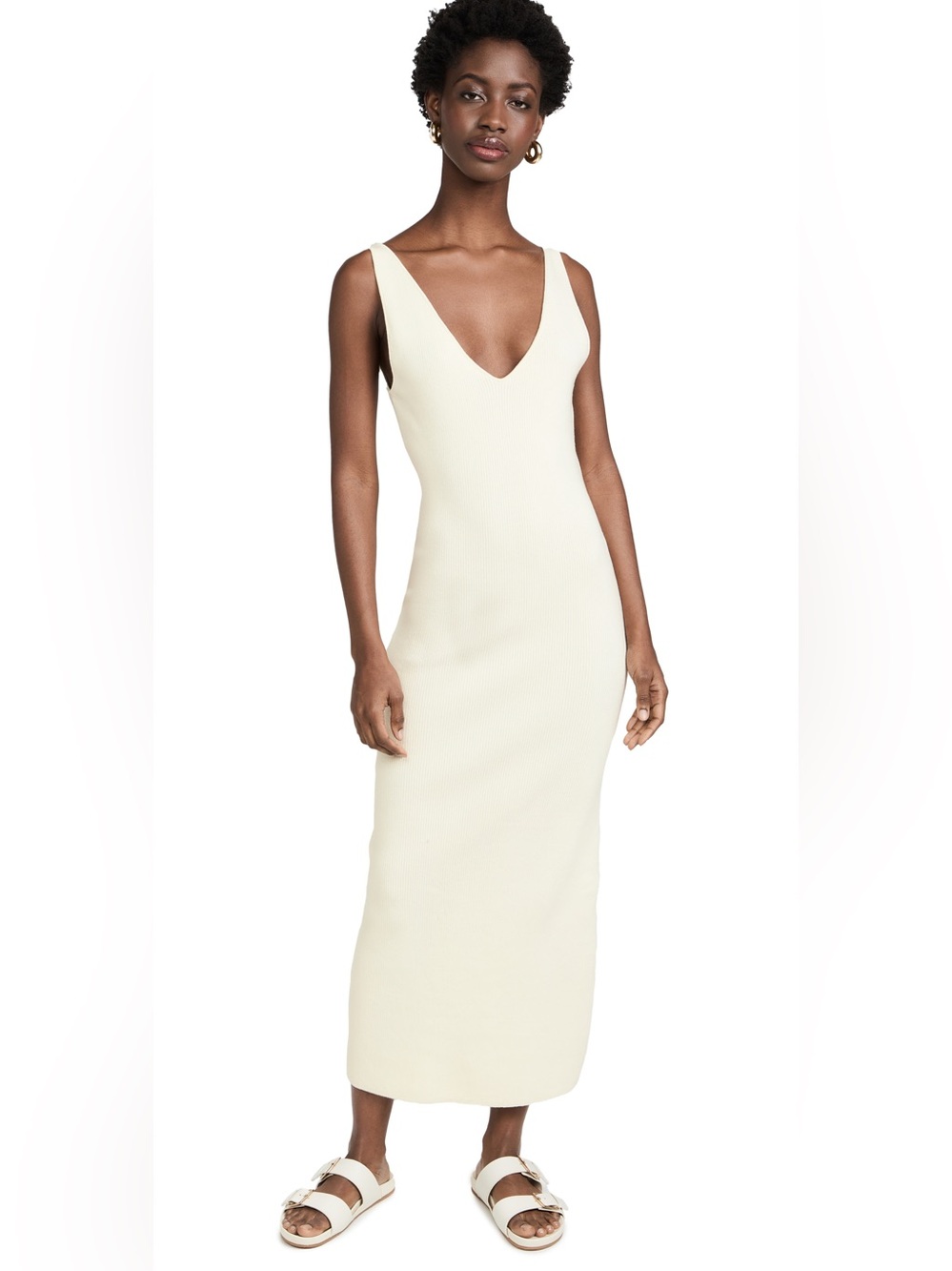 Free People FP Beach V-Neck Ribbed Sweater Midi Dress in Cream